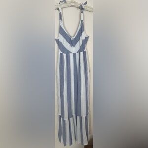 Tommy Bahama Women’s Sz Large Linen Blend Maxi Dress Striped Blue White Boho